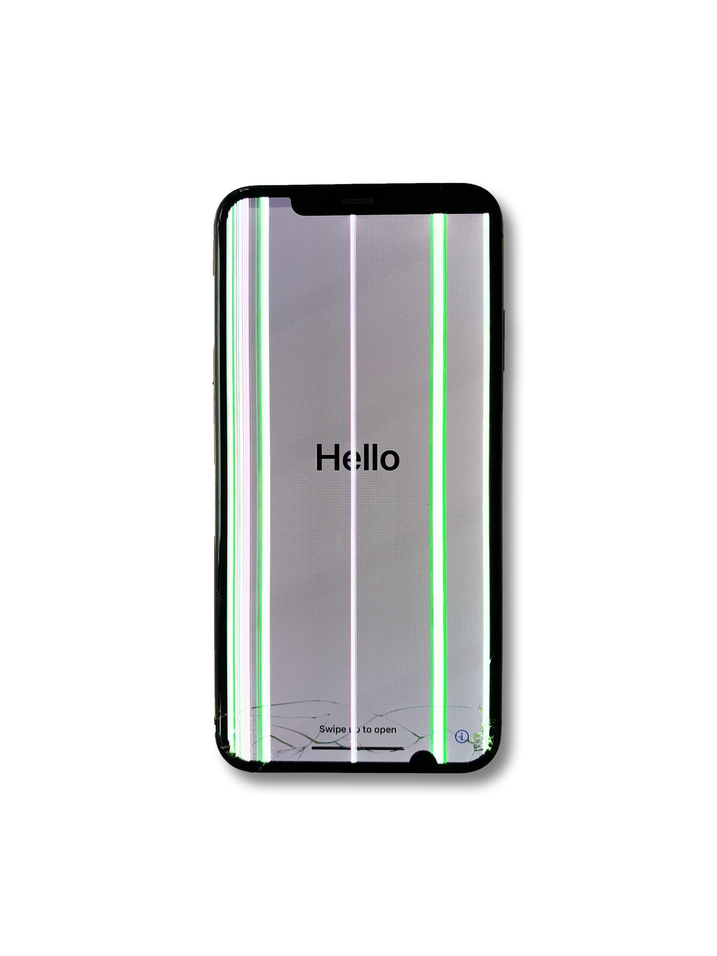 iPhone mit gebrochenem Display und Streifen im Bild