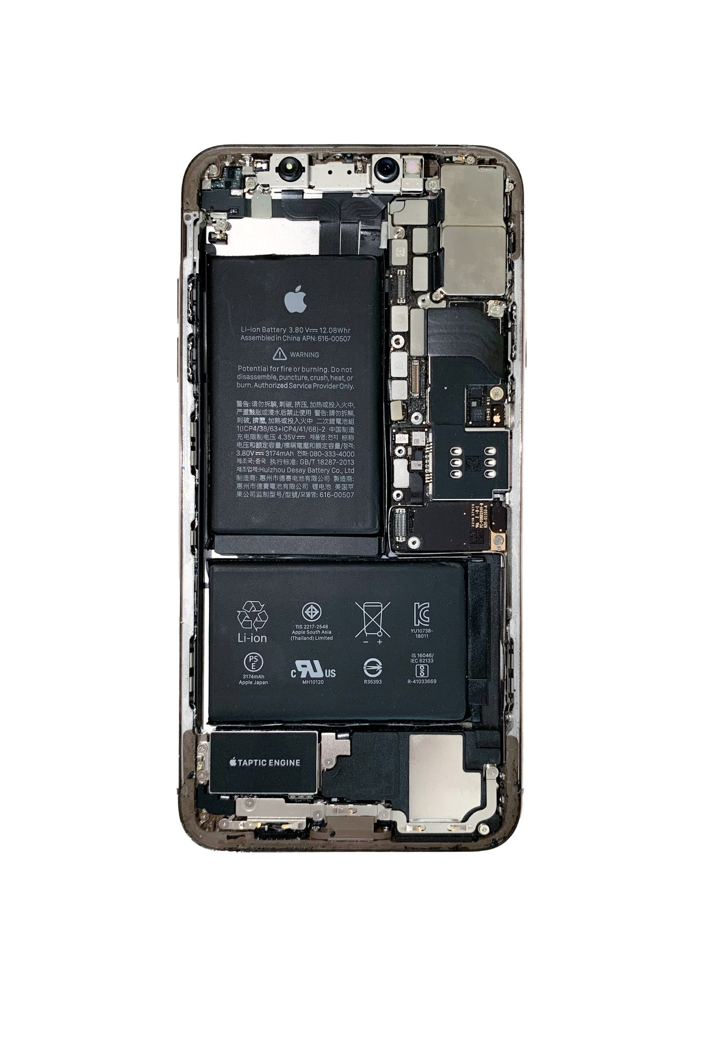 Geöffnetes iPhone mit Akku, Platine und Taptic Engine